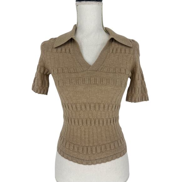 Paige Dune Collared Merino Wool Polo Shirt in Camel - Picture 4 of 11